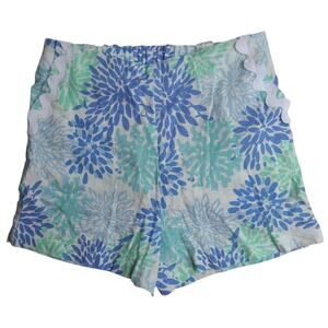 Sail to Sable Linen Blend Floral Print Scallop Trim Shorts Women's XS Blue Green